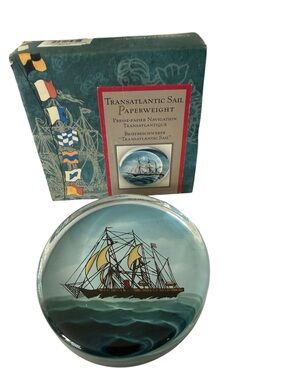 Vintage  Transatlantic Sail Glass Paperweight Reproduction Sailing Ship 3 3/4 in